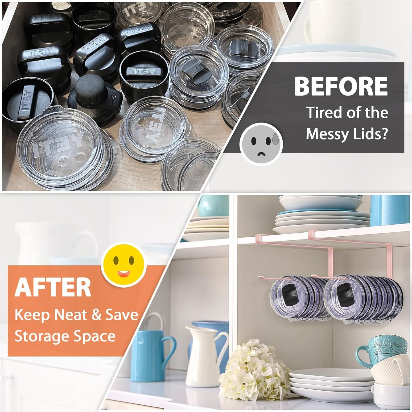 Tumbler Lid Organizer, Horizontal Tumbler Lid Storage Hook Up to 10 Lids, Space Saving Cup Lid Holders Under Cabinet Tumbler Lid Hook for Kitchen Organizer and Storage,Hanging Paper Towel Rack Hanger