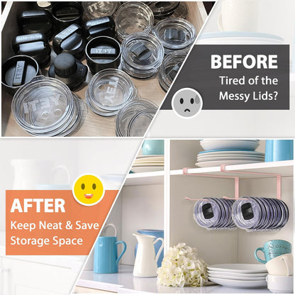 Tumbler Lid Organizer, Horizontal Tumbler Lid Storage Hook Up to 10 Lids, Space Saving Cup Lid Holders Under Cabinet Tumbler Lid Hook for Kitchen Organizer and Storage,Hanging Paper Towel Rack Hanger