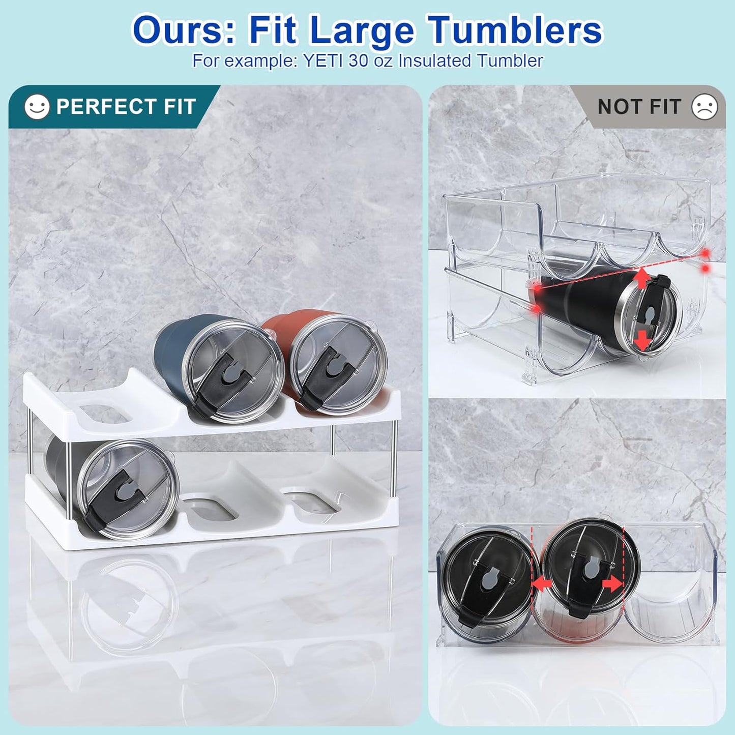 LARGER Compartment - 3 Tier Stackable Water Bottle Organizer Holder - for Stanley 40oz & Others' Large Tumbler - Clear Wine Rack, 12 Cup Bottle Holder for Cabinet Home Countertop Fridge Pantry Shelf