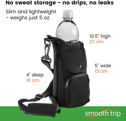 Smooth Trip Neoprene Water Bottle Sleeve with Phone Pouch - Insulated Water Bottle Holder with Storage Pockets and Padded Strap for Walking and Hiking - Fits up to 32 oz. Bottles