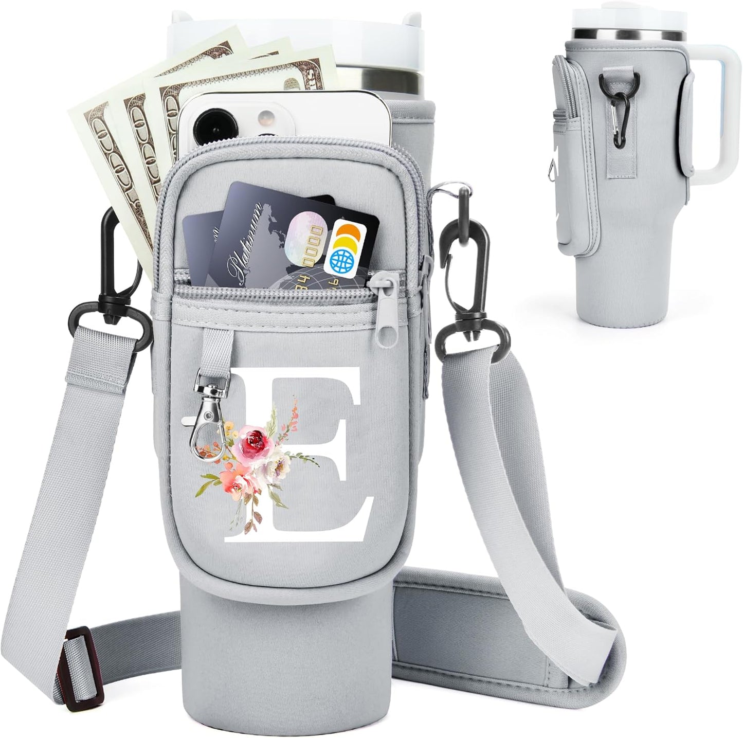 Initial Water Bottle Holder with Strap for Stanley Cup Accessories 40 oz/Simple Modern Tumbler, Birthdays for Women Girls, Water Bottle Carrier Bag with Phone Pocket,Hiking Walking Gym Camping