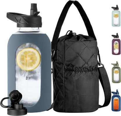 CIVAGO 32 oz Glass Water Bottle with Straw and Insulated Bottle Holder Sling, Motivational Water jug with Time Marker and Silicone Sleeve, Large Sport Water Flask with 2 Lids, Black