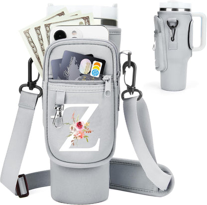 Initial Water Bottle Holder with Strap for Stanley Cup Accessories 40 oz/Simple Modern Tumbler, Birthdays for Women Girls, Water Bottle Carrier Bag with Phone Pocket,Hiking Walking Gym Camping