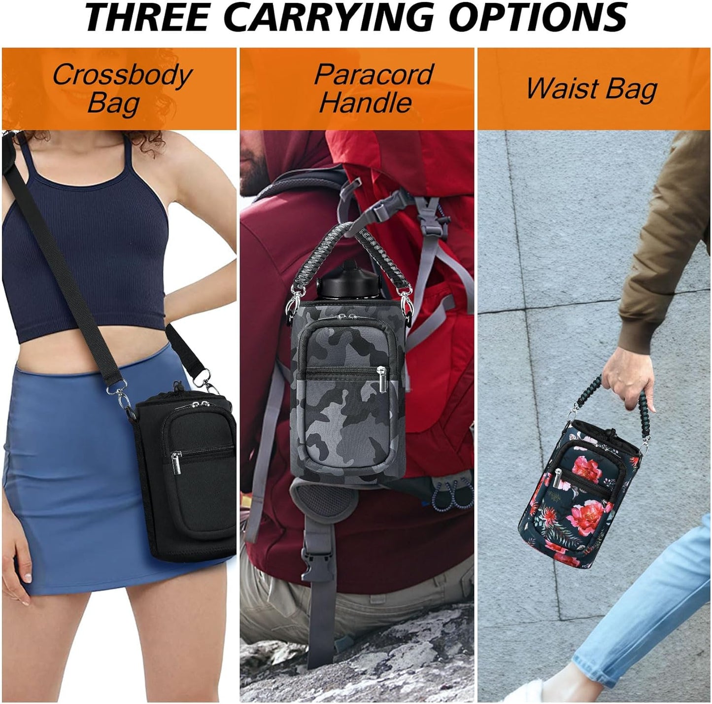 AceTreker 32/40/64/128 oz Neoprene Insulated Water Bottle Carrier Bag, Sling Bag Sleeve Pouch Holder with Strap & Paracord Handle and 2 Pocket for Travelling, Hiking, Camping