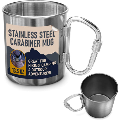 13.5 Oz Camping Mug with Carabiner Handle - Clip-On & Lightweight Design, Stainless Steel Camping Cup for Backpacking, Hiking & Travel - Packable Metal Coffee Mug for Hot & Cold Tea, Soup & Cocoa