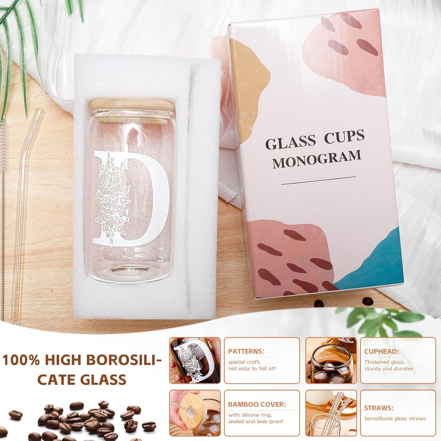 Glass Cups with Lids and Straws: Personalized Initial Glass Cup Be Used As Reusable Iced Coffee Cups with Lids,Cute Matcha Tumbler - The Christmas/Birthday Gifts for Women - M Smoothie Cup