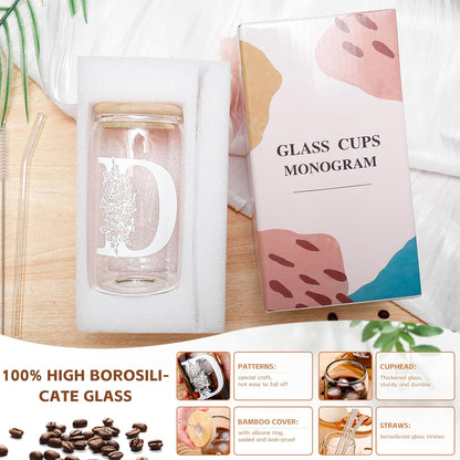 Glass Cups with Lids and Straws: Personalized Initial Glass Cup Be Used As Reusable Iced Coffee Cups with Lids,Cute Matcha Tumbler - The Christmas/Birthday Gifts for Women - M Smoothie Cup