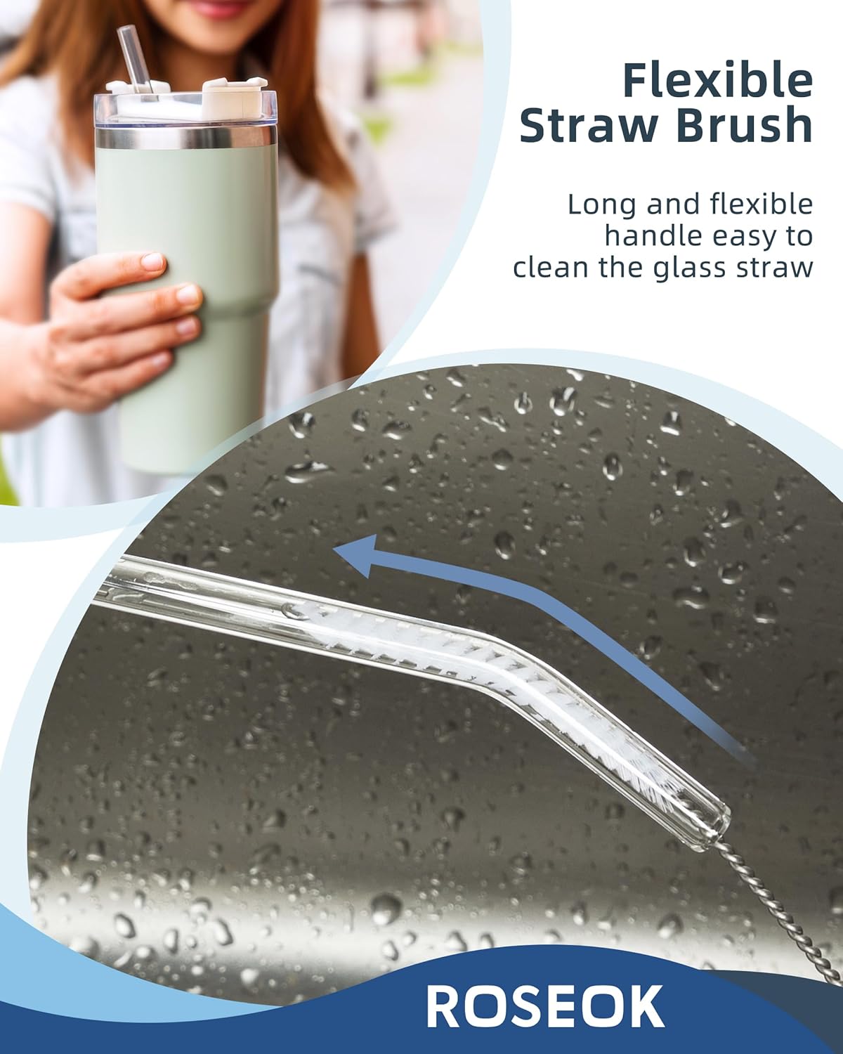 ROSEOK 2 in 1 Long Handle Bottle Brush with Straw Brush for Cleaning Glass, Sports Bottle, Coffee Mug,Navy Blue,1 Pack