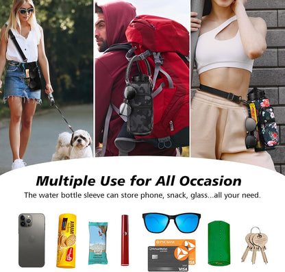 AceTreker 32/40/64/87/128 oz Water Bottle Carrier Bag, Neoprene Water Bottle Sleeve with 4 Pocket, Sport Water Holder with Paracord Handle and Shoulder Strap for Walking Hiking Camping Gym