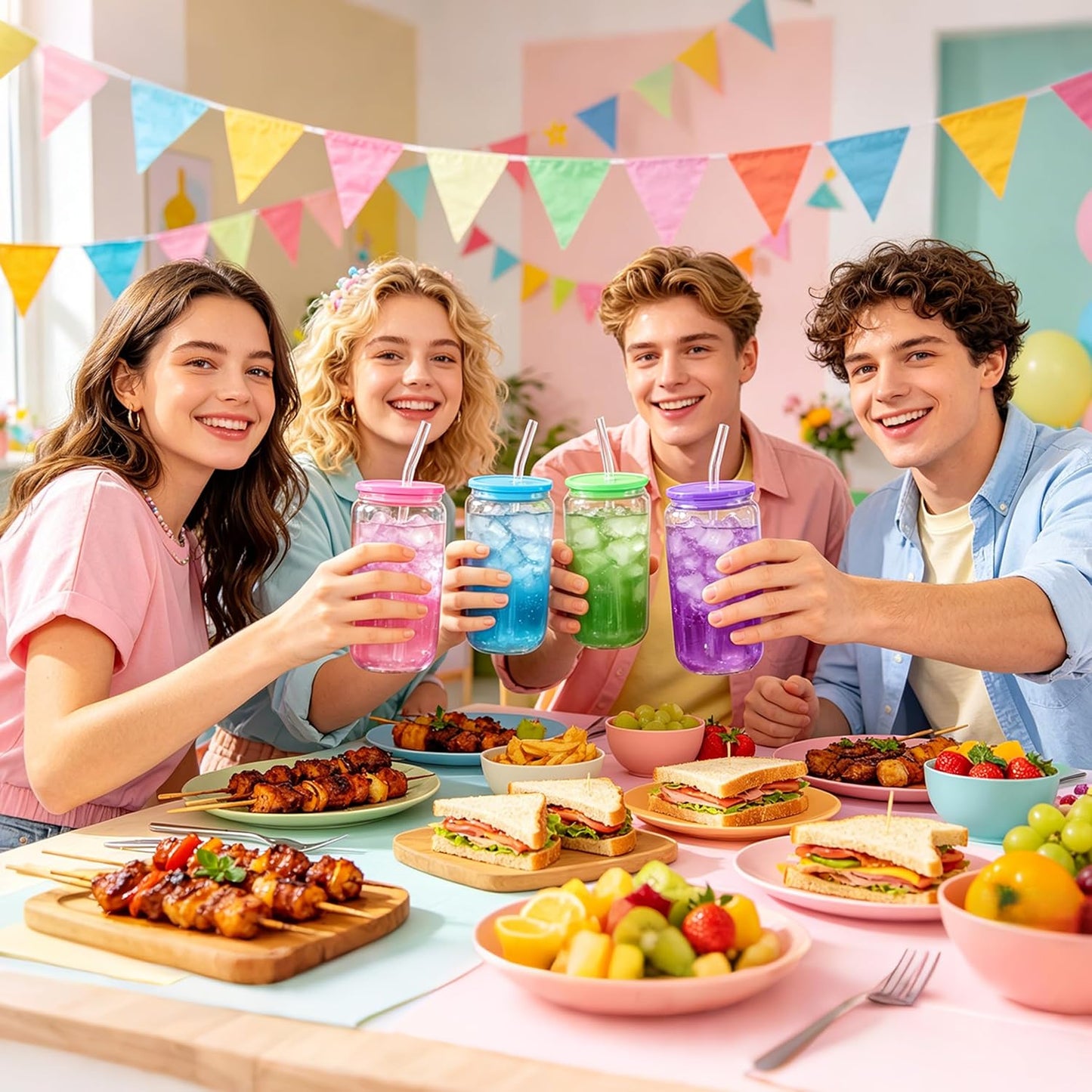 Joyclub 8pcs 16 oz Glass Cups with Acrylic Lids and Straws Can Shaped Iced Coffee Glasses Cute Tumbler Set Drinking Jars for Smoothie Soda Boba Beer Party Housewarming Gifts