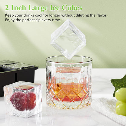 Large Ice Cube Tray for Whiskey: 2" Big Silicone Ice Tray with Lid for Whisky - 3Pack Old Fashioned Ice Cube Trays for Cocktail - Huge Square Cubed Bourbon Ice Cube Maker