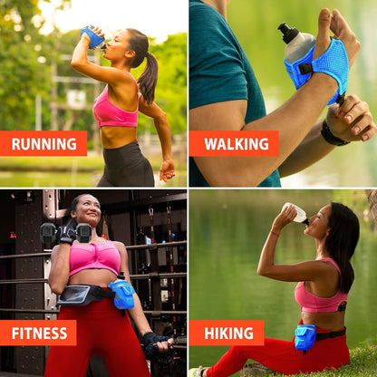 2-in-1 Running Fun: Handheld 12 Oz Water Bottle & Running Belt Add-On. No-Grip Design Straps on Hand & Slides on Belt. Waterproof Pocket for Money, Keys. Maximize Time, Freedom & Health
