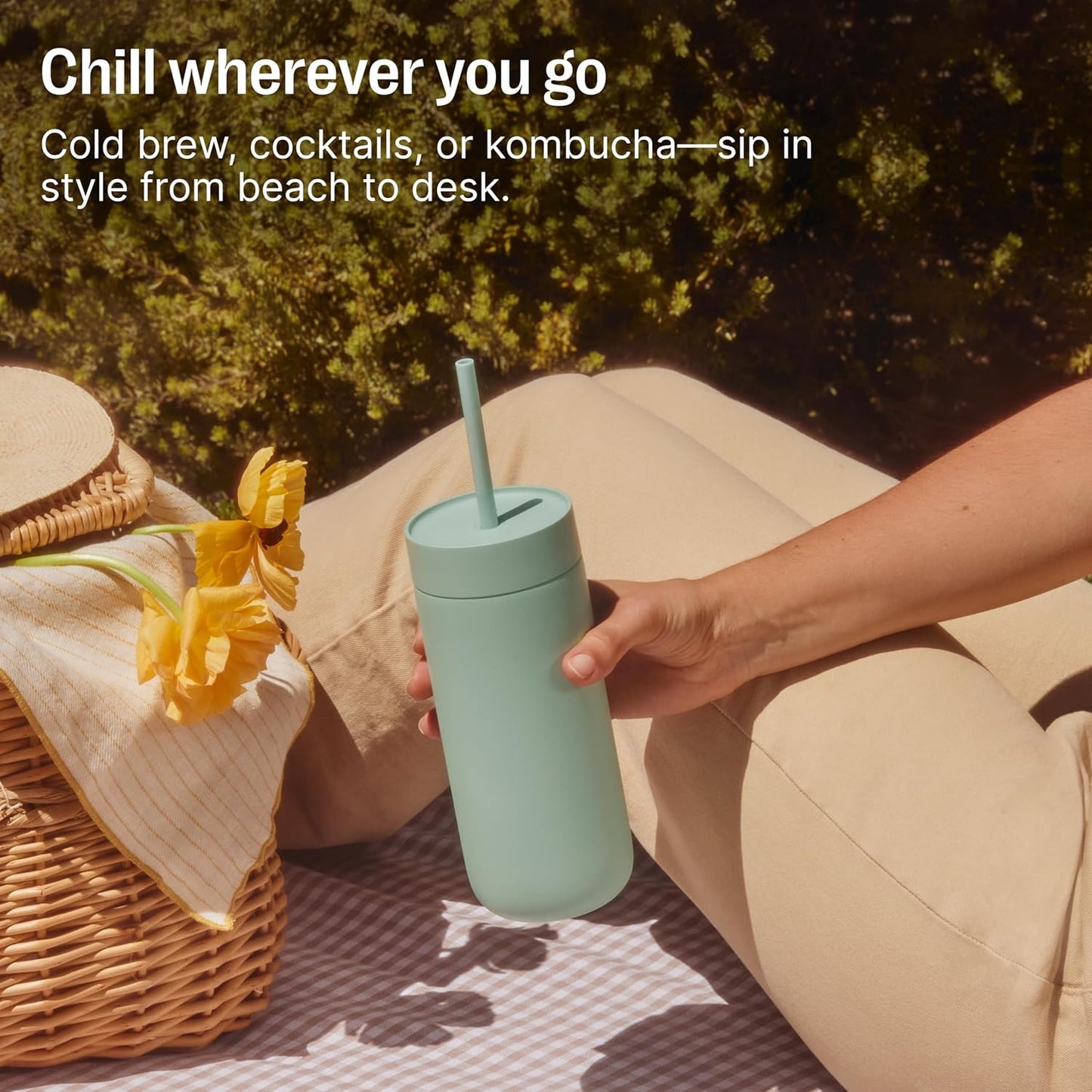 Fellow 16 oz Carter Cold Travel Mug for Water, Iced Tea, Coffee, Smoothies, Iced Coffee & more - Stainless Steel Vacuum-Insulated Iced Coffee tumbler with Spill Resistant lid and straw - Sienna