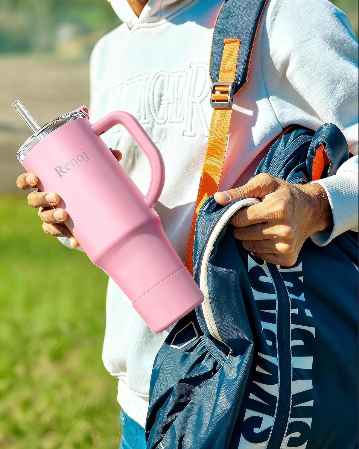 Renoj Insulated Mug 100% Leak Proof Insulated Water Bottle for Iced Coffee & Hot Drinks - Fits Car Cup Holder, Ideal Gift, 2 Straws & Silicone Boot - SnapShift Pink 32 oz
