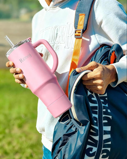 Renoj Insulated Mug 100% Leak Proof Insulated Water Bottle for Iced Coffee & Hot Drinks - Fits Car Cup Holder, Ideal Gift, 2 Straws & Silicone Boot - SnapShift Pink 32 oz