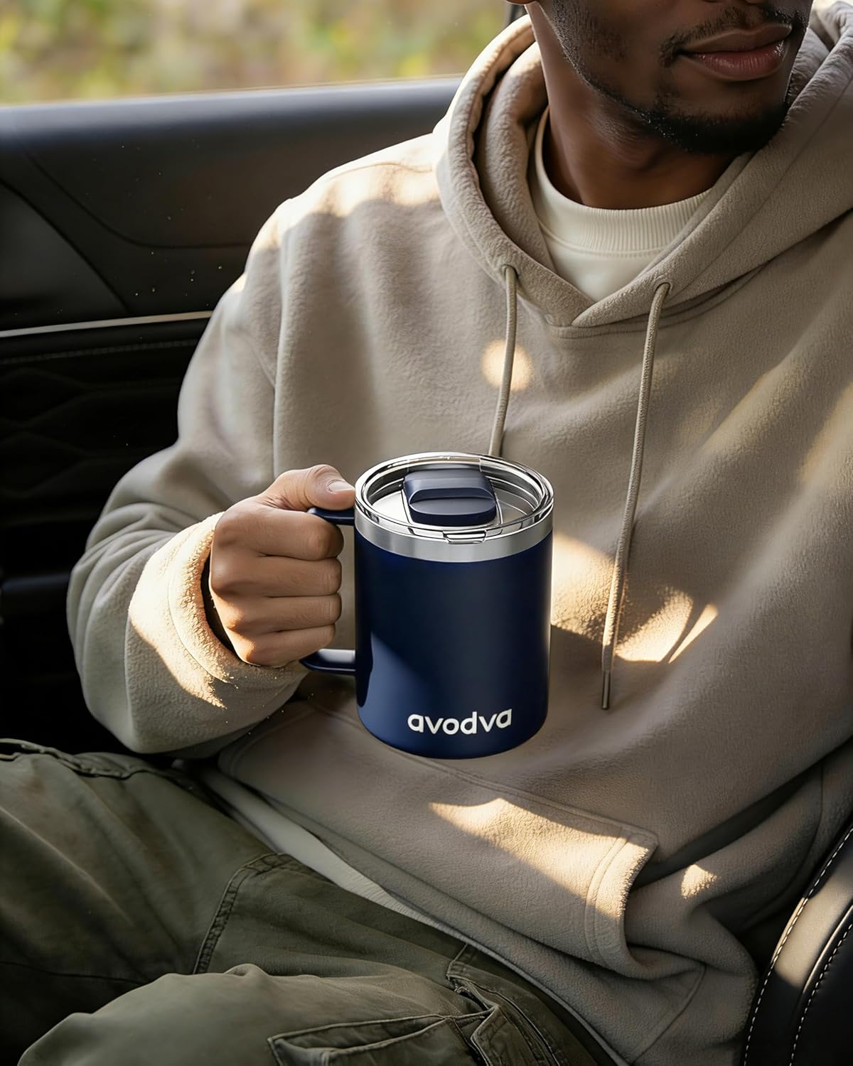 12oz Insulated Coffee Mug with Lid – Includes Two Lids, Stainless Steel Coffee Travel Mug with Handle, Double Wall Vacuum Insulated Camping Mug for Home, Office & Outdoor, Navy Blue