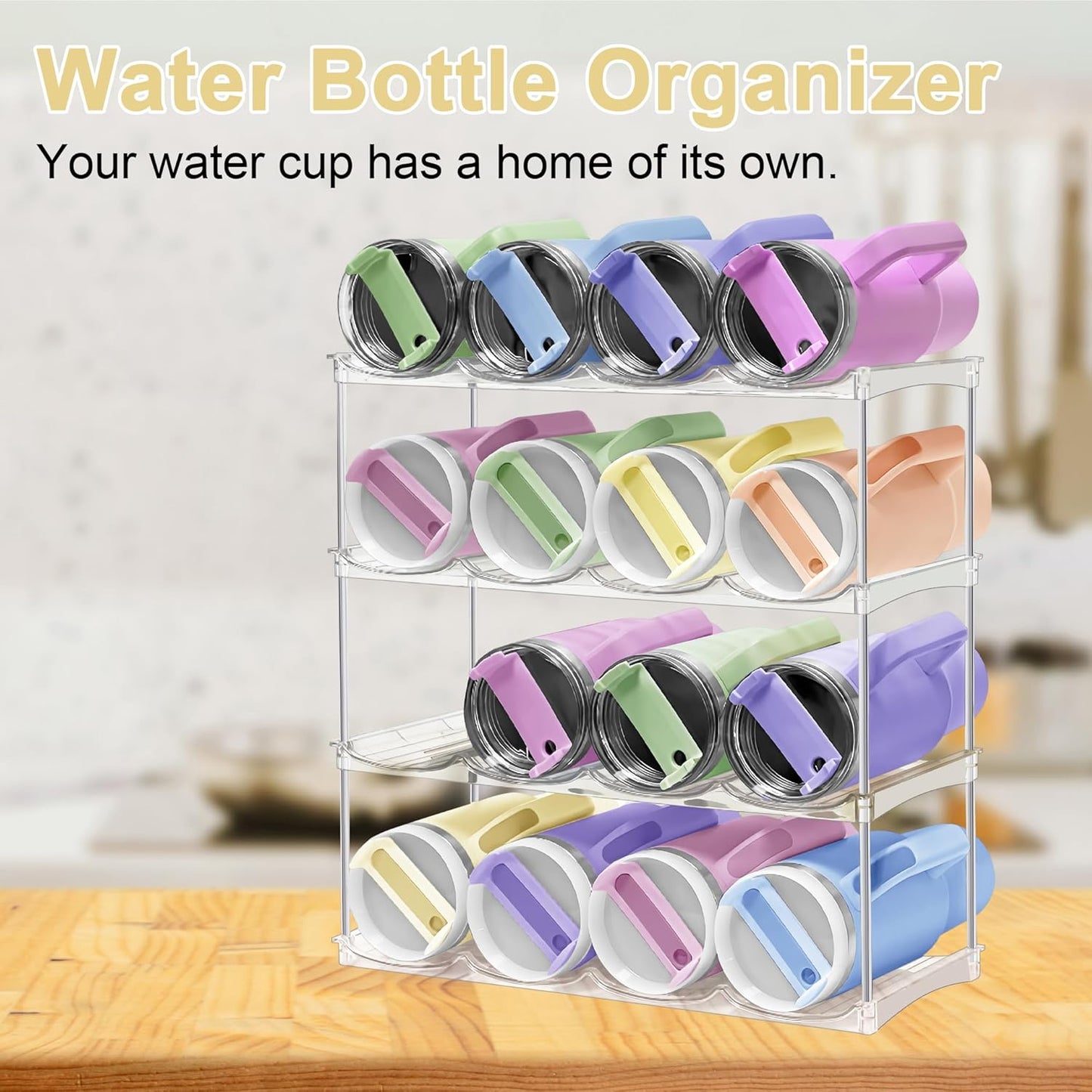 Stackable Water Bottle Organizer for Cabinet - Acrylic Tumbler Organizer Storage Rack for Stanley 40oz, Stanley Cup Holder, Pantry Kitchen Organizers and Storage for Stanley Cup, Holds 12 Bottles