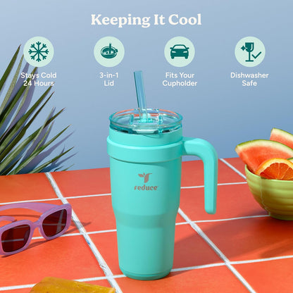 REDUCE 24 oz Stainless Steel Tumbler with Handle - Dual-Wall Vacuum Insulated Travel Mug, Sweat-Proof Lid & Reusable Straw - Keeps Drinks Cold for 24 Hrs, Fits Cupholders, Dishwasher Safe - Lilac Bud