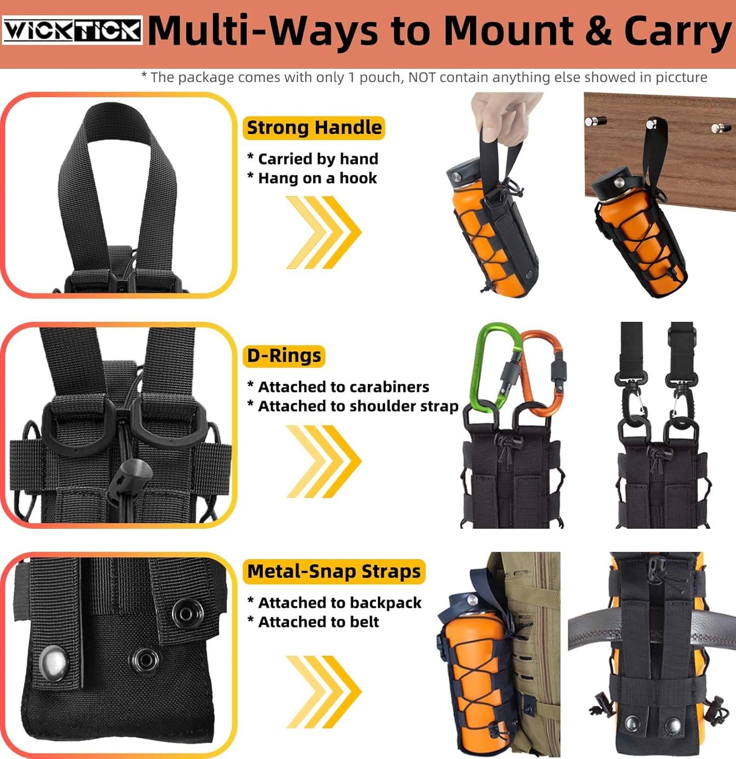 WICKTICK Molle Water Bottle Holder Pouch 16 24 32 40 64 oz - Multi-Purpose Tactical Fuel Bottle Bag, Adjustable Size for Outdoor Activities, Adapted to Backpack/Vest/Belt