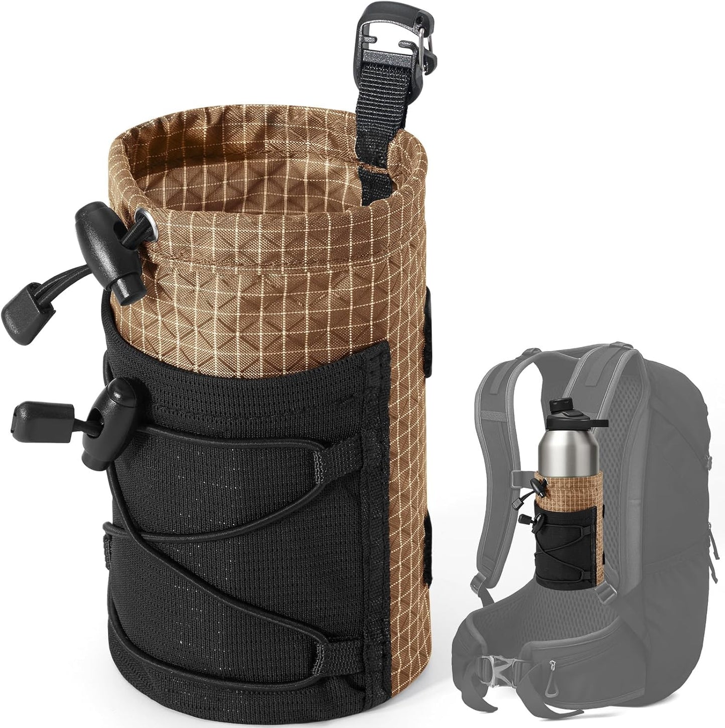 Water Bottle Holder Pouch with Hook Buckle, Backpack Water Bottle Holder Mesh Bag Carrier Fits for 8-24oz Bottles for Hiking, Running, Travel, Outdoor Backpack Accessories & Attachments