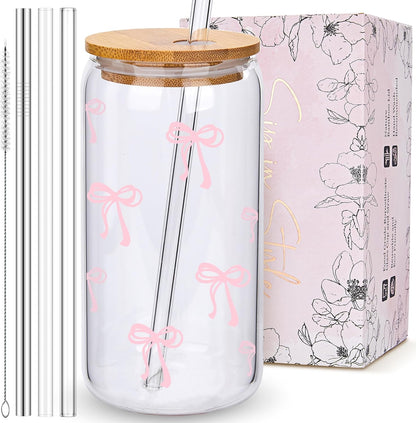 Coquette Cute Pink Bow Glass Cups with Lids and Straws, Aesthetic Iced Coffee Matcha Cup, Girly Preppy Design Tumbler Mug, Valentines Christmas Birthday Gifts for Women, Teen Girl Gifts Trendy Stuff