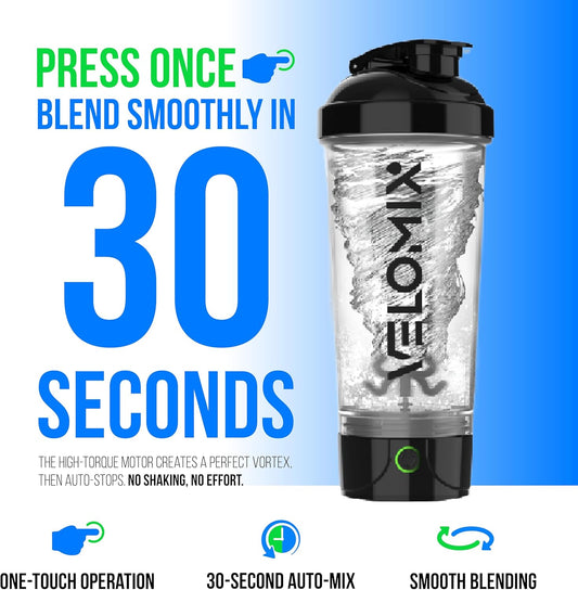 VELOMIX Electric Protein Shaker Bottle - 24 oz | USB-C Rechargeable | Leak Proof Shaker Cups for Protein Shakes | Portable Blender for Shakes and Smoothies (Electric-Transparent)
