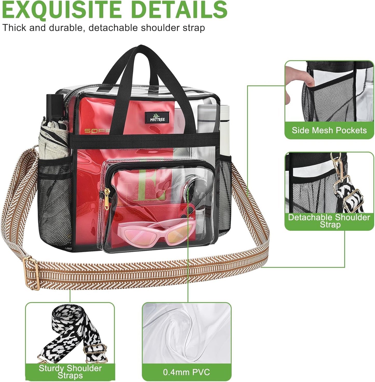 MAY TREE Clear Bag for Stadium Events, 12×5.5×12 Clear Tote Lunch Bag with Non-detachable Reinforced Straps for Work, Sporting Events and Gym, Black