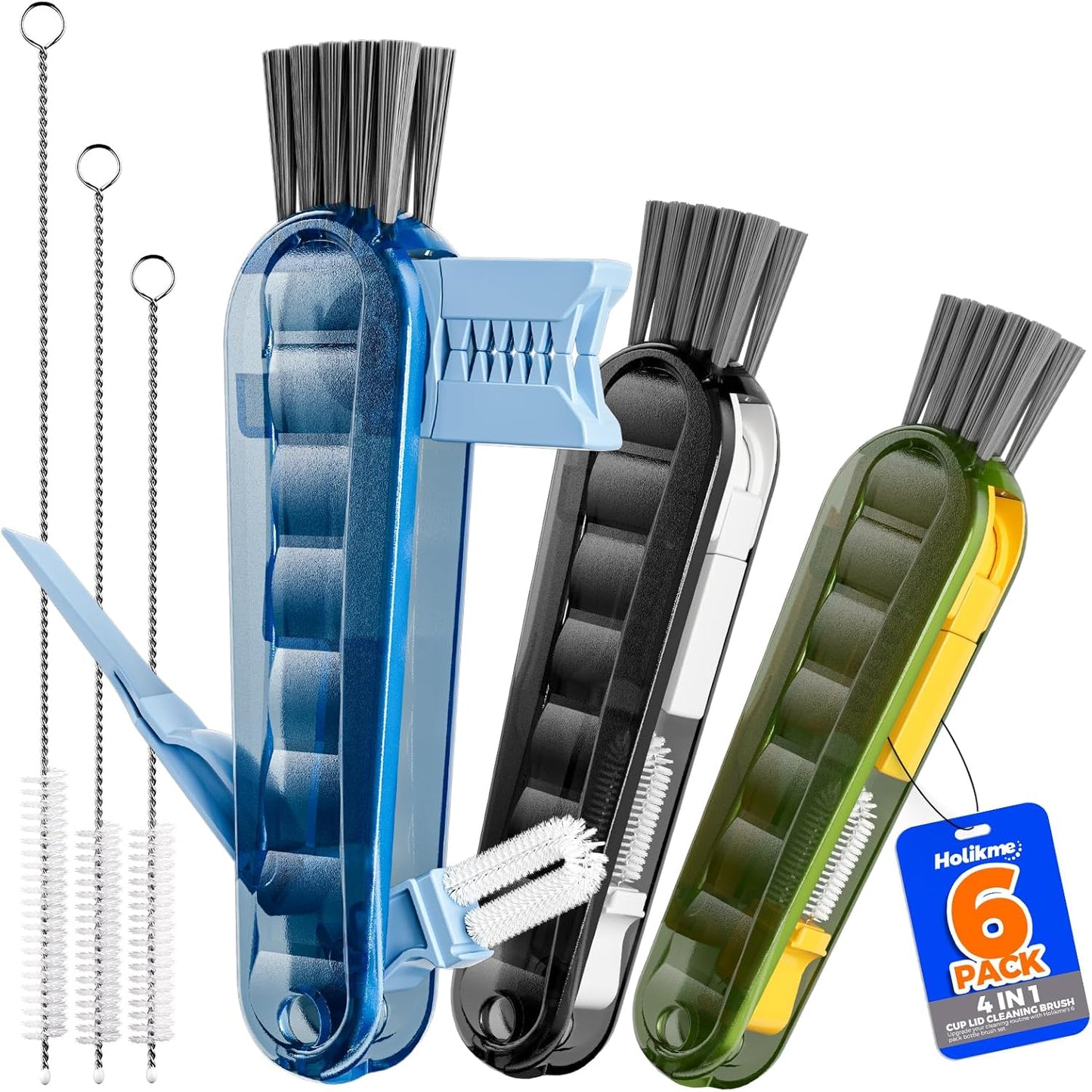 6 PACK Holikme 4 in 1 Cup Lid Cleaning Brush Set with 3 Straws, Multifunctional Bottle Brush, Silicone Cup Lid Gap Cleaner, Durable Bristle Crevice Cleaning Brush,Flat End Brushes,Navy & Black & Olive