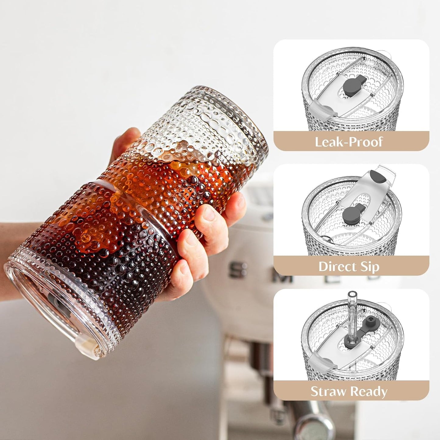 INSETLAN 20oz Hobnail Glass Cups with Lids and Glass Straws – 4 Pieces, Thick-Walled Glass Tumblers for Iced Coffee, Smoothies, Milk, Water, Juice, and More – Elegant and Durable Drinking Glasses