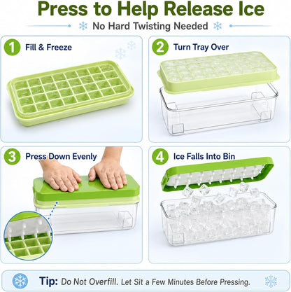 Ice Trays for Freezer with Lid & Bin, Ice Cube Tray Making 64 pcs Ice Cubes, Easy Press to Release Ice, Ice Tray with Storage Bin Chilling Cocktail Whiskey Coffee 2 Trays 1 Ice Bucket & Scoop (Black)