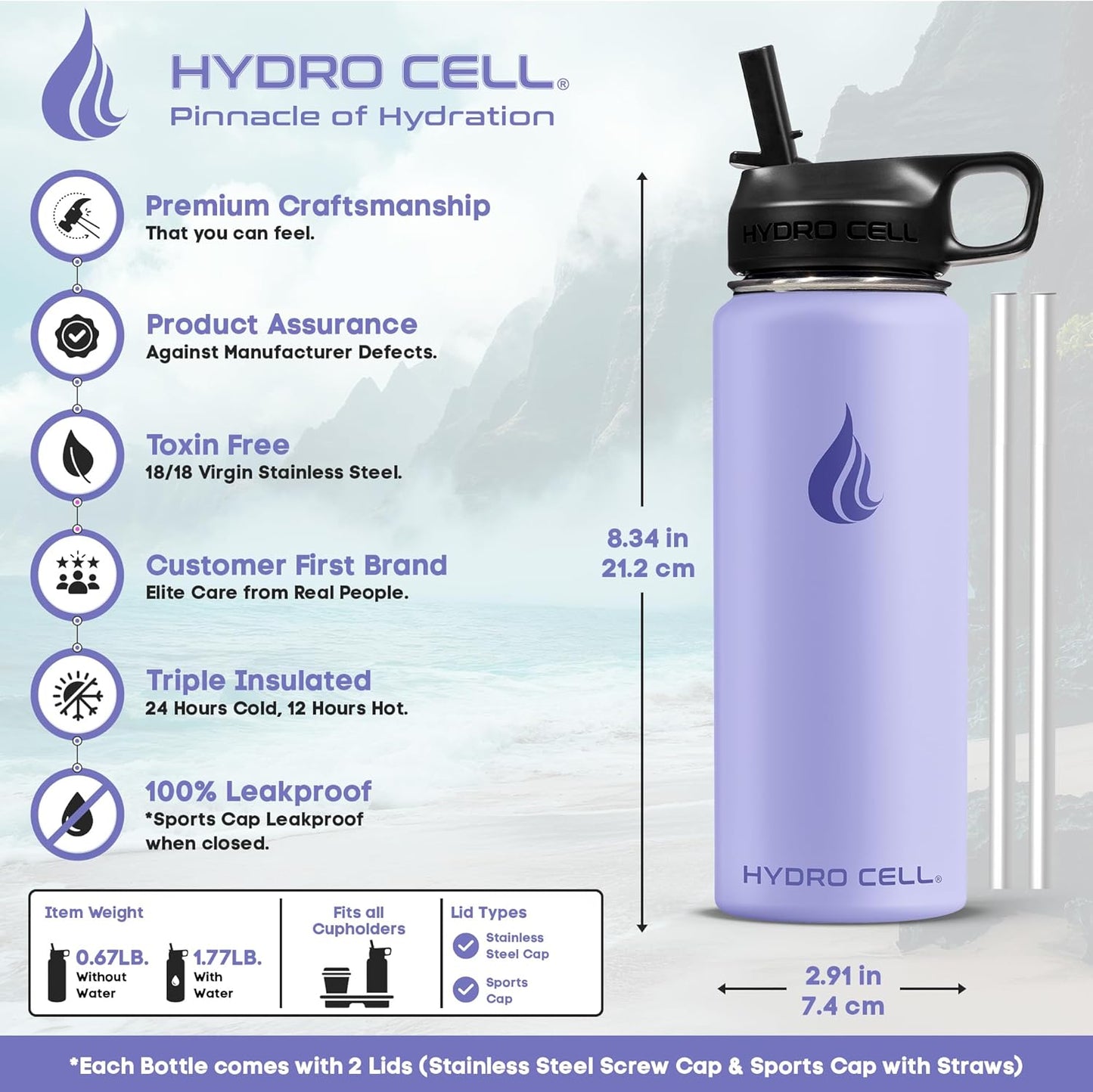 HYDRO CELL Stainless Steel Insulated Water Bottle with Straw - For Cold & Hot Drinks - Metal Vacuum Flask with Screw Cap and Modern Leakproof Sport Thermos for Adults (Neon 18oz)