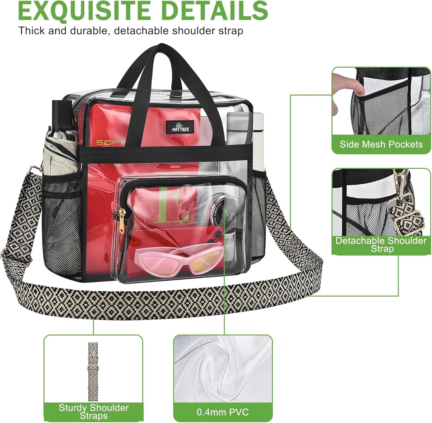 MAY TREE Clear Bag for Stadium Events, 12×5.5×12 Clear Tote Lunch Bag with Non-detachable Reinforced Straps for Work, Sporting Events and Gym, Black