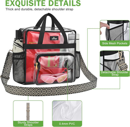MAY TREE Clear Bag for Stadium Events, 12×5.5×12 Clear Tote Lunch Bag with Non-detachable Reinforced Straps for Work, Sporting Events and Gym, Black
