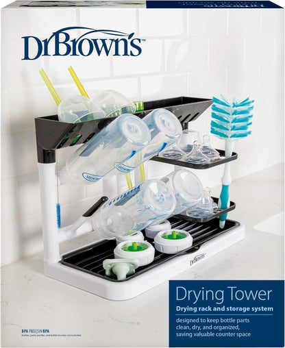 Dr. Brown's Baby Bottle Drying Tower, Stand-Up Countertop Drying Rack with Organized Storage for Baby Essentials, Space Saving Vertical Rack, Black/White