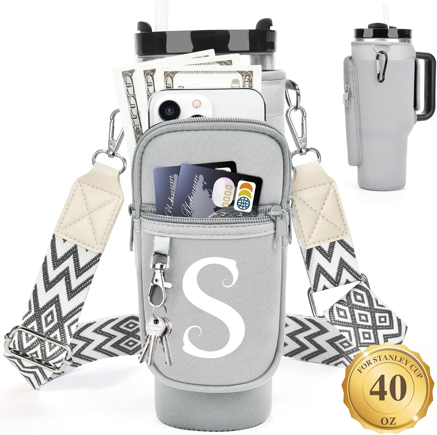 LOKASS Personalized Water Bottle Holder with Strap for Stanley Cup Accessories 40 oz, Initial for Stanley Cup Holder Carrier Bag with Phone Pocket, Stylish Tumbler Accessories for Daily Use Hands-Free