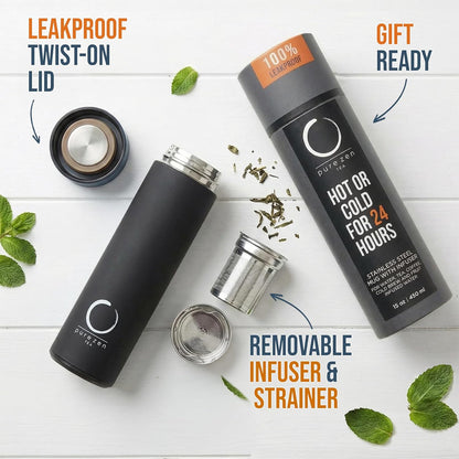 Pure Zen Tea Thermos with Infuser for Hot and Cold Infusions - Stainless Steel - Tea Infuser Bottle - Leakproof Travel Mug with Filter - 15oz - Blue