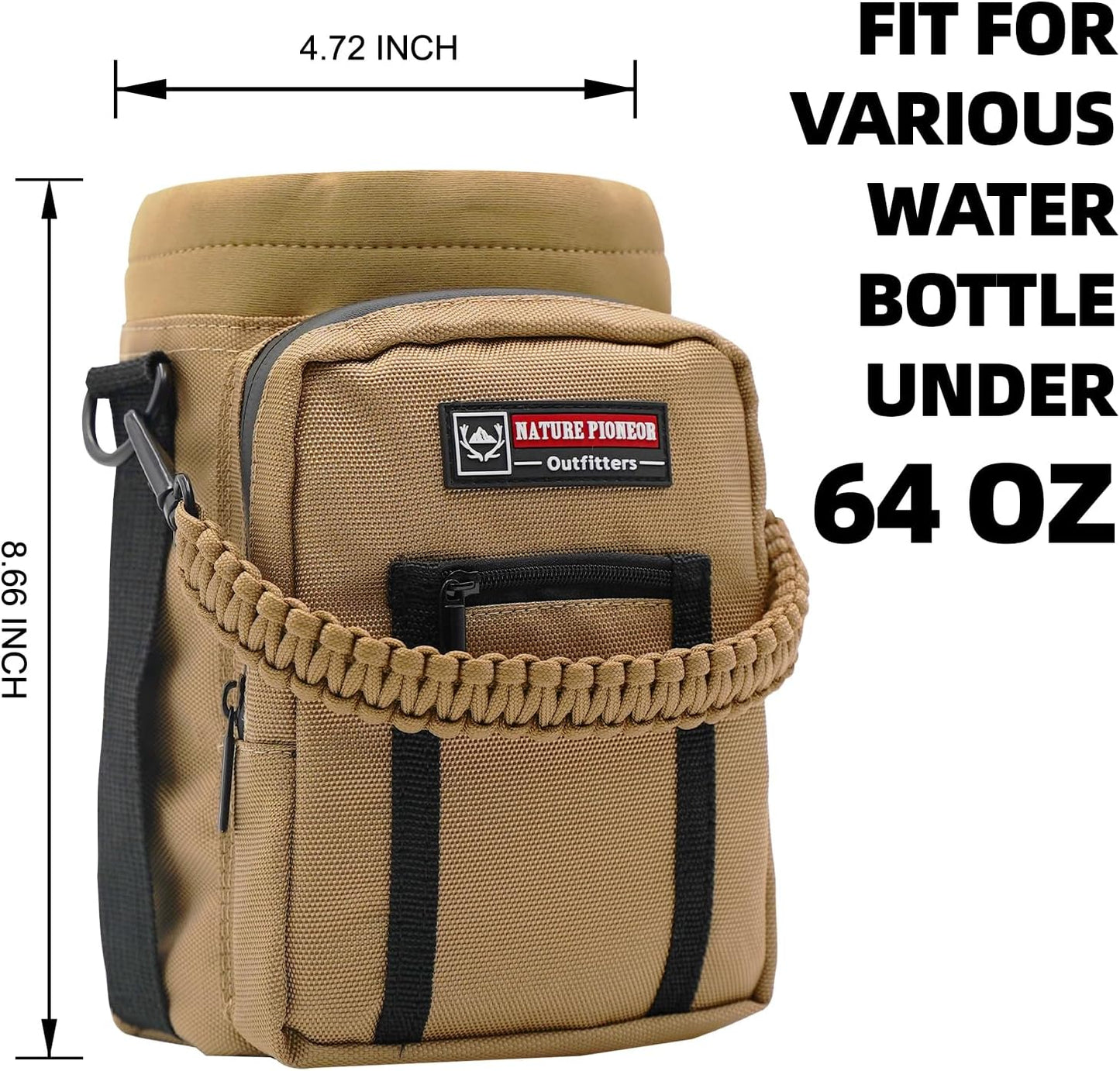 NATURE PIONEOR Water Bottle Holder with Adjustable Strap - 26/32/36/40/46/64oz Insulated Water Bottle Sling Carrier with Paracord Handle & 2 Pockets, Outdoor Sports, Hiking, Camping, Gym