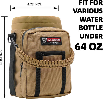 NATURE PIONEOR Water Bottle Holder with Adjustable Strap - 26/32/36/40/46/64oz Insulated Water Bottle Sling Carrier with Paracord Handle & 2 Pockets, Outdoor Sports, Hiking, Camping, Gym