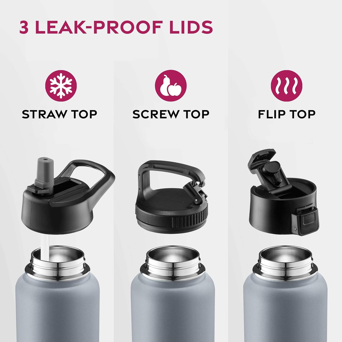 FineDine Water Bottle - Stainless Steel Insulated Water Bottle with Straw Lid, Flip Lid & Wide-Mouth Cap - Keeps Hot and Cold - 25 Oz / 739ml - Dreamy Purple