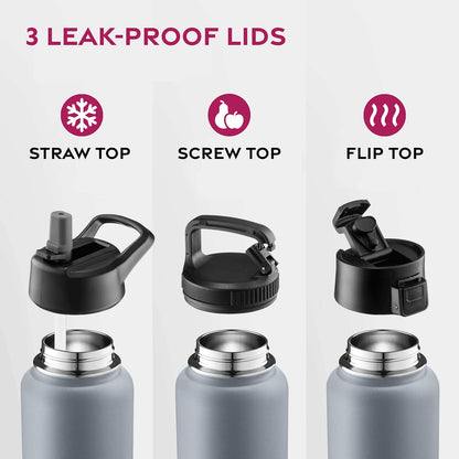 FineDine Water Bottle - Stainless Steel Insulated Water Bottle with Straw Lid, Flip Lid & Wide-Mouth Cap - Keeps Hot and Cold - 25 Oz / 739ml - Dreamy Purple
