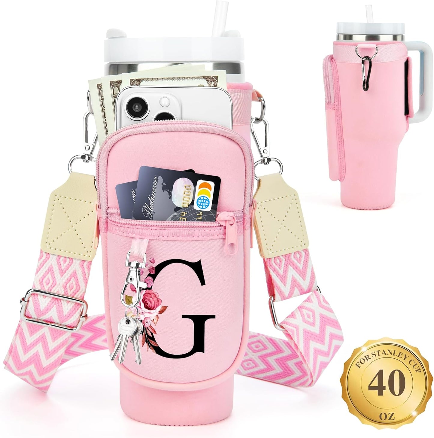 LOKASS Personalized Water Bottle Holder with Strap for Stanley Cup Accessories 40 oz, Initial for Stanley Cup Holder Carrier Bag with Phone Pocket, Stylish Tumbler Accessories for Daily Use Hands-Free