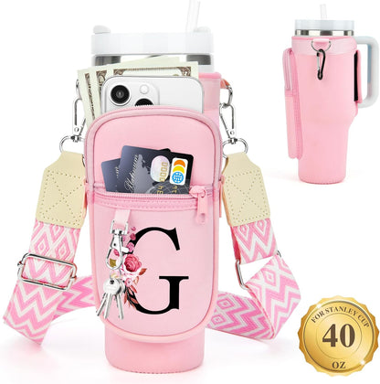 LOKASS Personalized Water Bottle Holder with Strap for Stanley Cup Accessories 40 oz, Initial for Stanley Cup Holder Carrier Bag with Phone Pocket, Stylish Tumbler Accessories for Daily Use Hands-Free