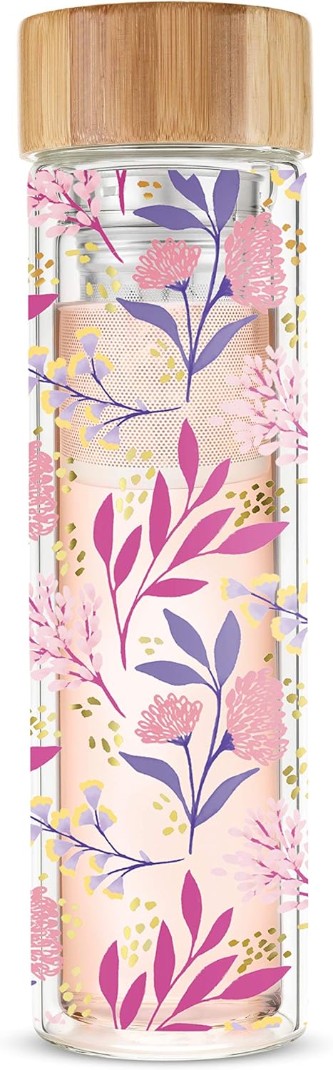 Pinky Up Blair Travel Tea Infuser Mug, Double Walled Insulated Travel Tumbler with Loose Leaf Tea Strainer, Travel Coffee Mug, Keeps Drinks Hot or Cold, 16 oz, White Leaf