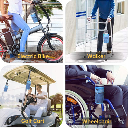 GEARV 2Pack Cup Holder for Bike, Scooter and Wheelchair, Water Bottle Holder for UTV/ATV, Walker, Golf Cart and Beach, Universal Drink Holder Accessories with Net Pocket and Cord Lock (Black)