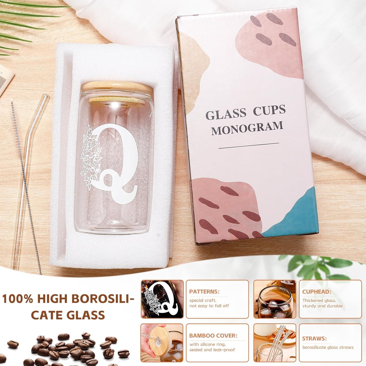 Glass Cups with Lids and Straws: Personalized Initial Glass Cup Be Used As Reusable Iced Coffee Cups with Lids,Cute Matcha Tumbler - The Christmas/Birthday Gifts for Women - M Smoothie Cup