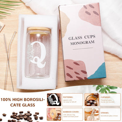 Glass Cups with Lids and Straws: Personalized Initial Glass Cup Be Used As Reusable Iced Coffee Cups with Lids,Cute Matcha Tumbler - The Christmas/Birthday Gifts for Women - M Smoothie Cup