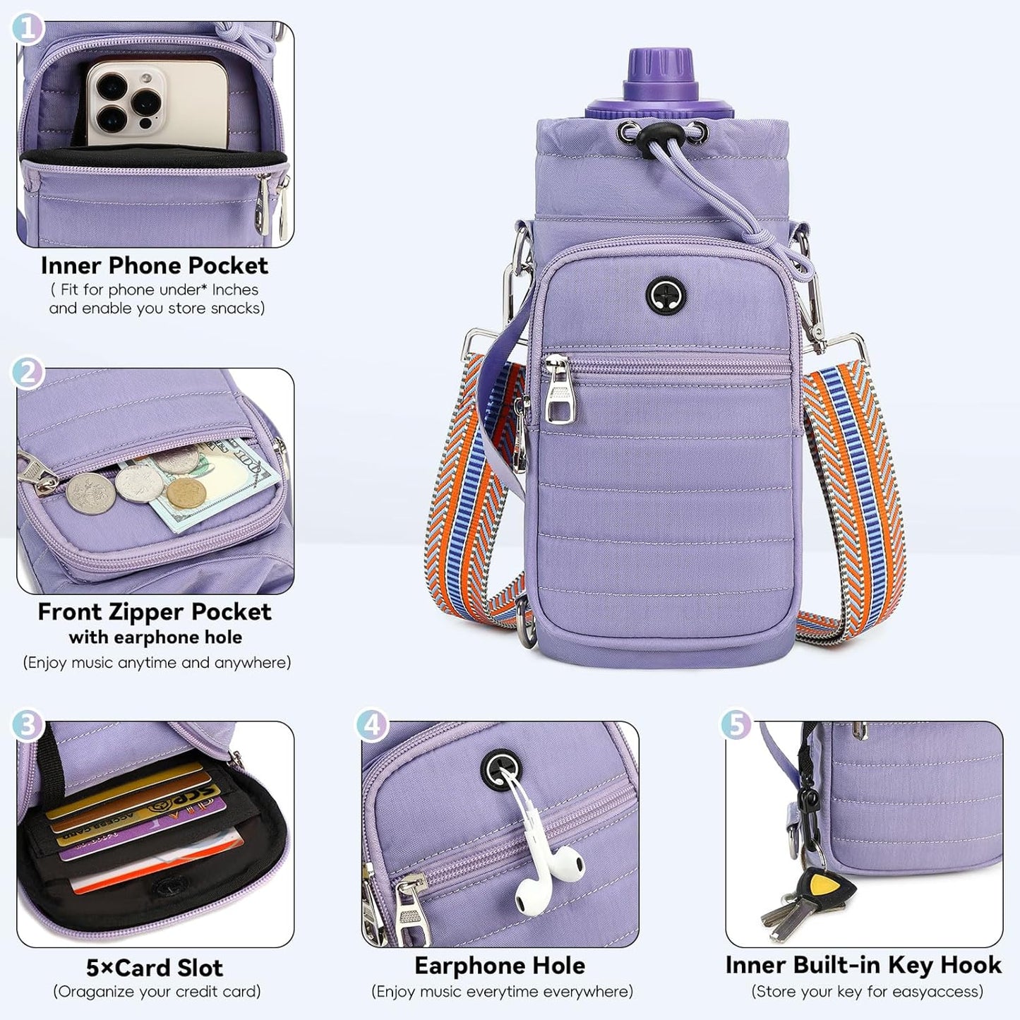 Water Bottle Carrier Bag with Strap, Sling Bag for Walking, Hiking, Cycling, Black, 40 Ounces