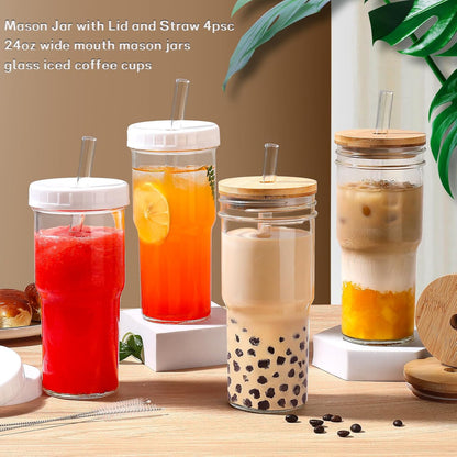 DWTS DANWEITESI Glass Cups with Lids and Straws,24 oz Smoothie Cup with Lid and Straw-Boba Mason Jar,Matcha Cup Wide Mouth Reusable Drinking Glasses,Iced Coffee Cups Glass,Vasos De Vidrio【4 Pack】