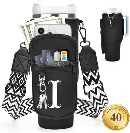 LOKASS Personalized Water Bottle Holder with Strap for Stanley Cup Accessories 40 oz, Initial for Stanley Cup Holder Carrier Bag with Phone Pocket, Stylish Tumbler Accessories for Daily Use Hands-Free