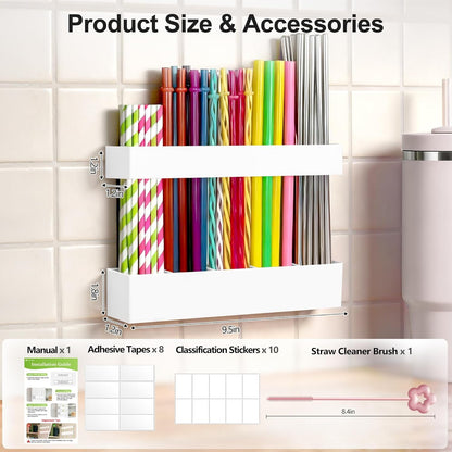 9.5” Large Acrylic Straw Holder for Cabinet Door, Reusable Adjustable Two-Part Straws Organizer with Ultra Sticky Adhesive Strips, 2026 Straw Storage for Kitchen Cupboard (Transparent)